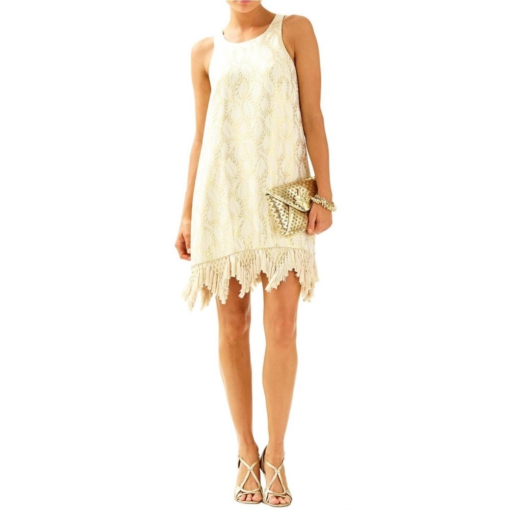 NWT Lilly Pulitzer Marquette Shift Dress Gold/Ivory Fringe